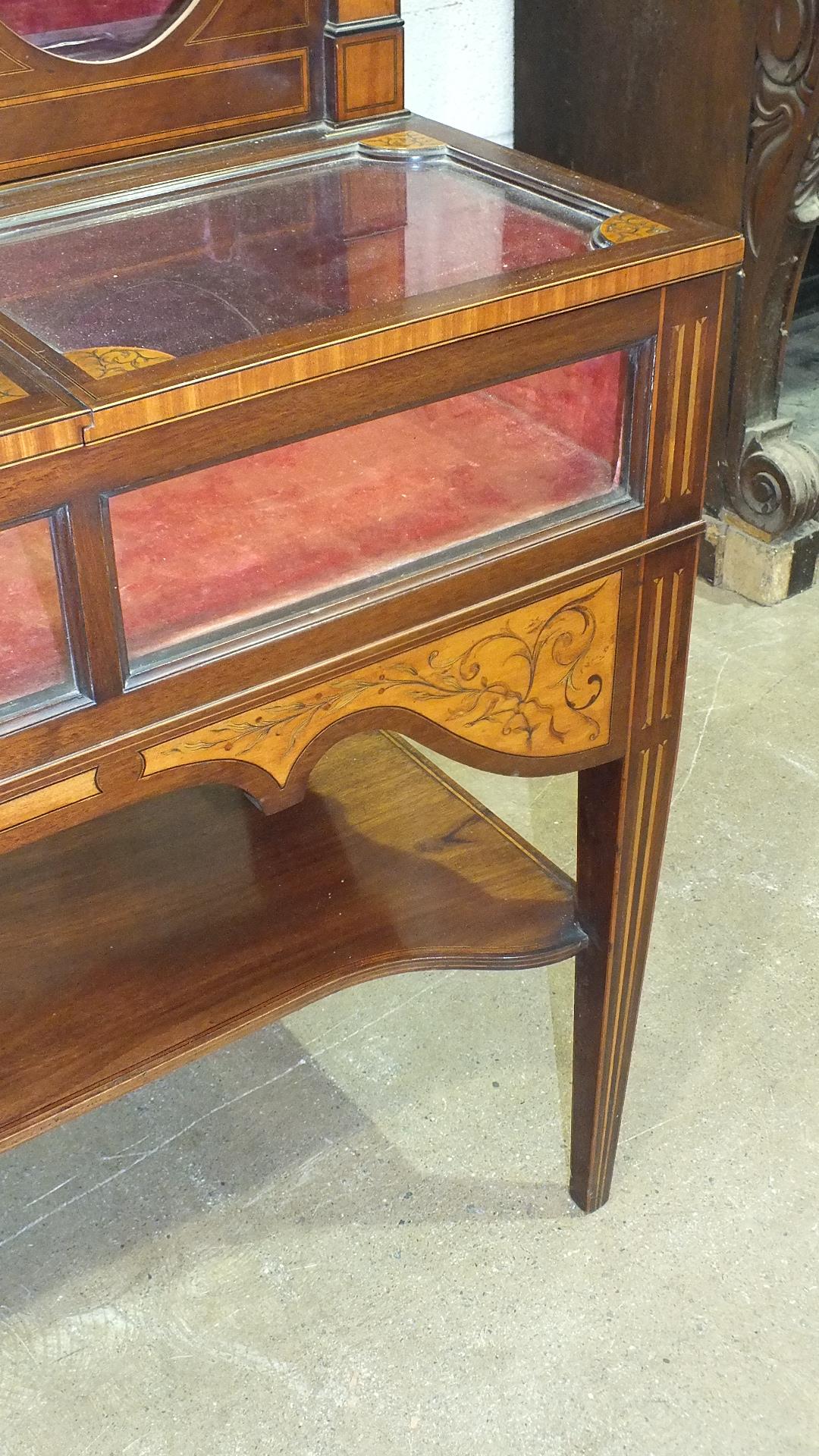 A 19th century mahogany and marquetry spinet case converted as a display cabinet, the fret work - Image 14 of 16