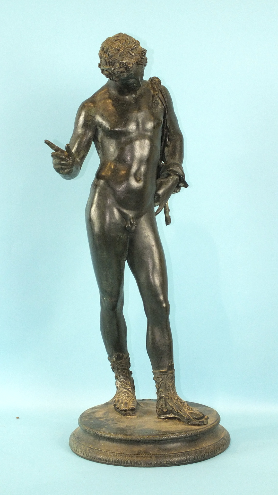 A late 19th century bronze statue of Antinous on circular plinth with Verdigris patination and