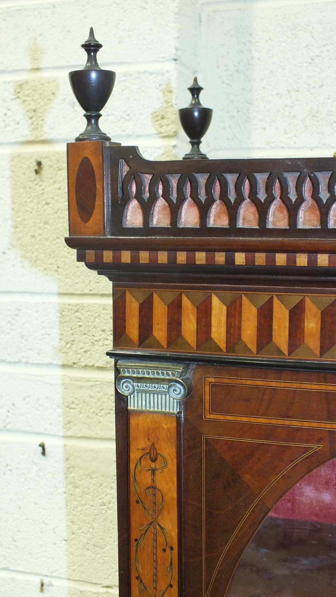 A 19th century mahogany and marquetry spinet case converted as a display cabinet, the fret work - Image 12 of 16