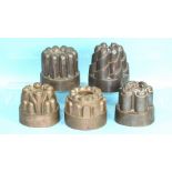 A collection of five copper jelly and ice cream moulds, 10 - 13cm, (5).