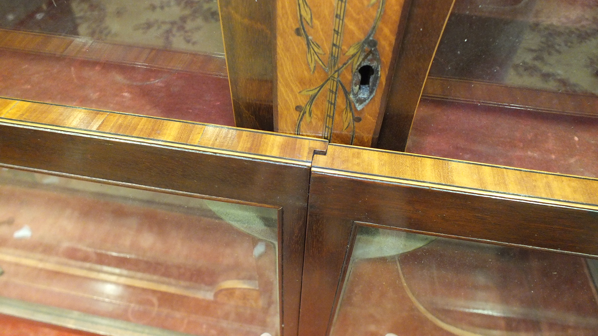 A 19th century mahogany and marquetry spinet case converted as a display cabinet, the fret work - Image 5 of 16
