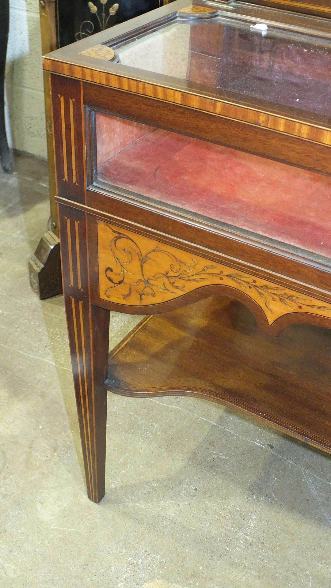 A 19th century mahogany and marquetry spinet case converted as a display cabinet, the fret work - Image 13 of 16