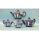 Three Wedgwood jasperware teapots and covers, largest 14cm high, and a similar sucrier and cover, (