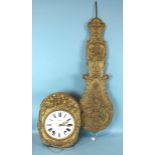 A 19th century French wall mounted clock, the pressed brass face with circular enamel dial signed
