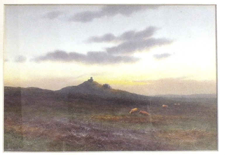 Charles Edward Brittan (1837 - 1888) BRENTOR CHURCH, DARTMOOR, WITH CATTLE Signed watercolour, 17.