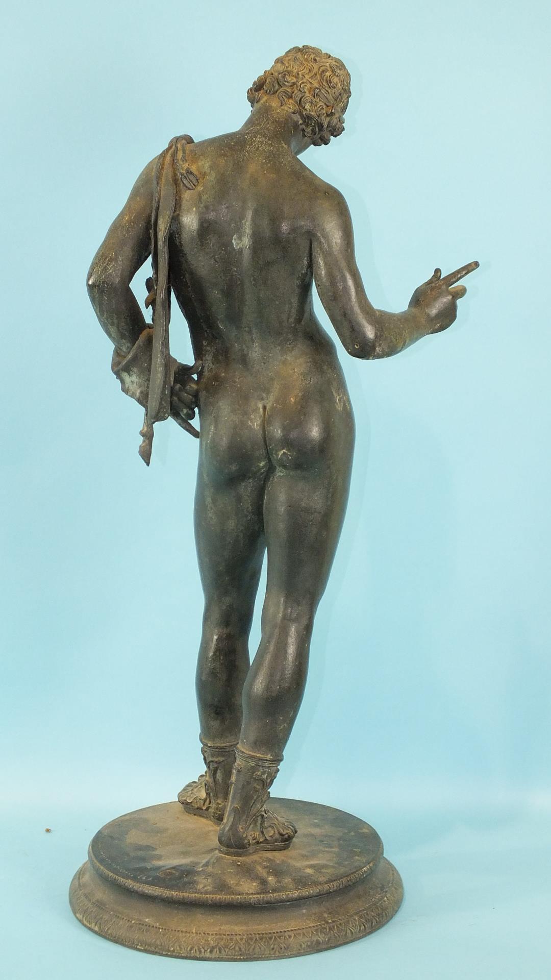 A late 19th century bronze statue of Antinous on circular plinth with Verdigris patination and - Image 2 of 4