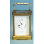 A 19th century gilt brass carriage clock, the white enamel dial signed Hry Marc, Paris, with typical