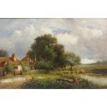 Joseph Thors (Dutch, c.1835-1920) FIGURES OUTSIDE A COTTAGE WITH DUCK ON A POND Oil on canvas,