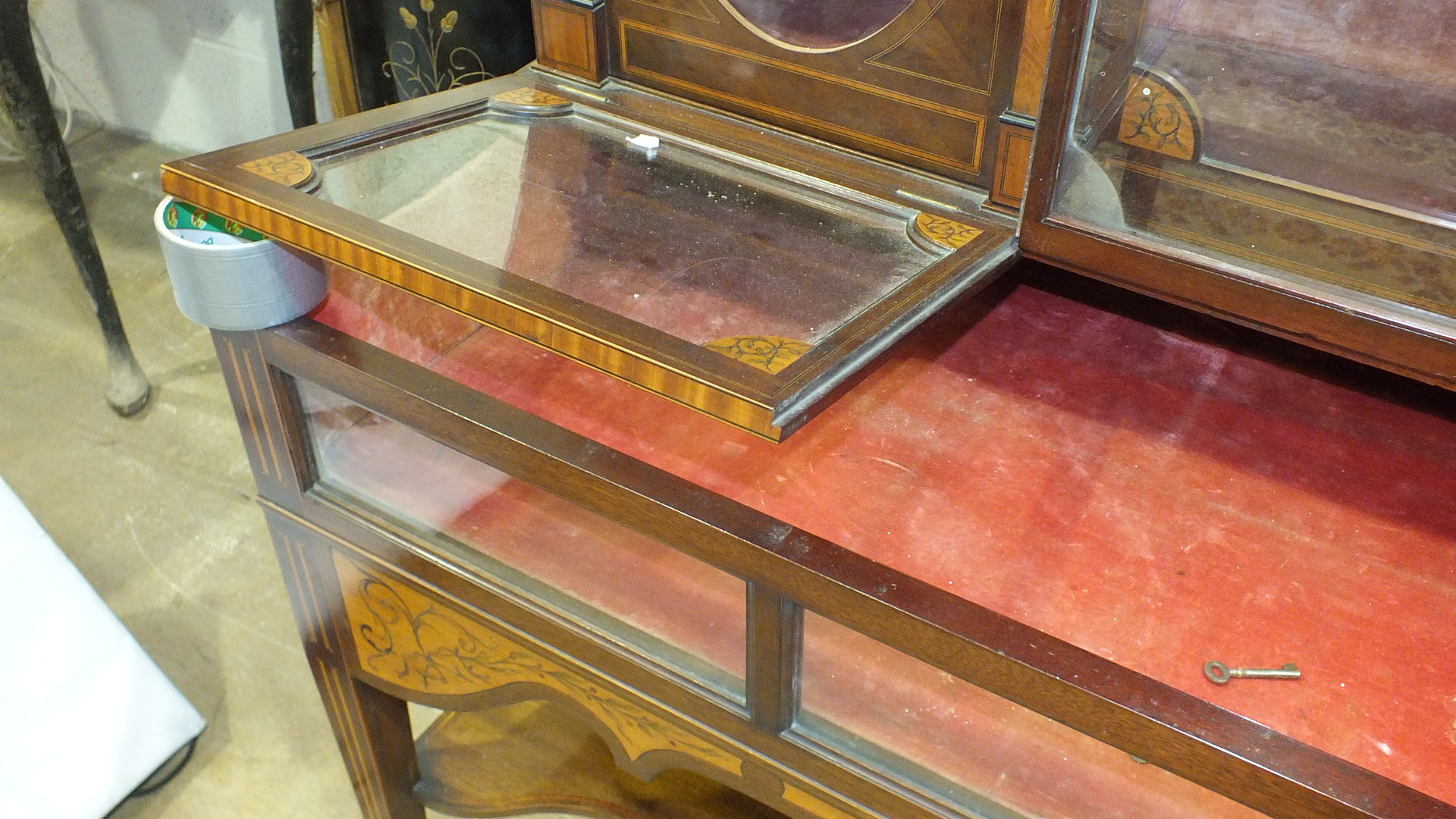 A 19th century mahogany and marquetry spinet case converted as a display cabinet, the fret work - Image 3 of 16