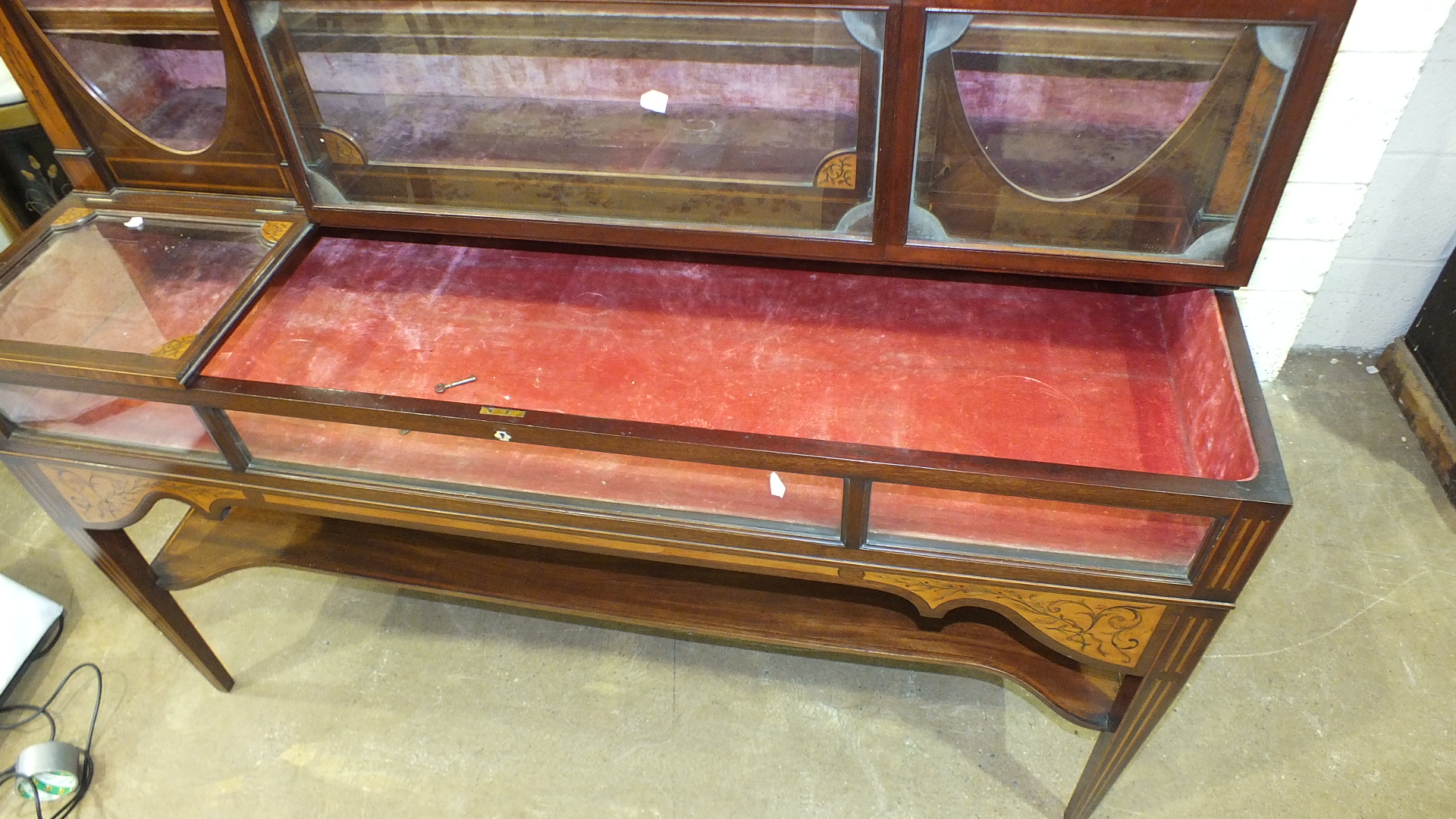 A 19th century mahogany and marquetry spinet case converted as a display cabinet, the fret work - Image 6 of 16
