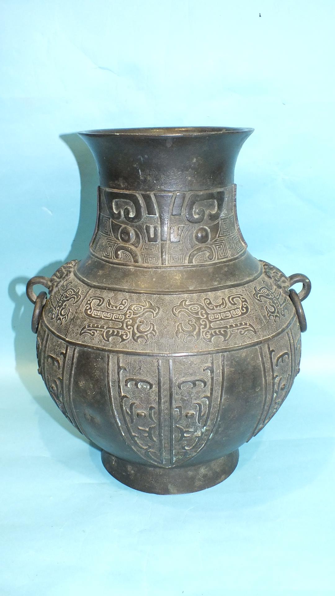 A large 19th century archaic-style Chinese bronze vase with applied ring handles and stylised animal - Image 4 of 7