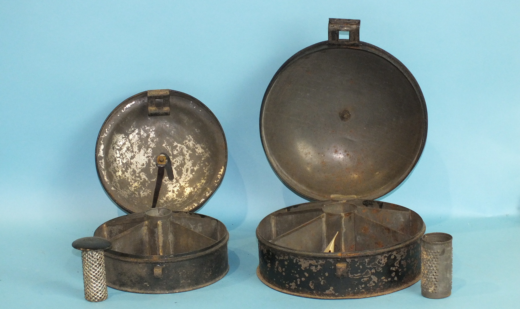 A Georgian japanned metal circular spice-tin complete with nutmeg grater and carrying handle and a - Image 2 of 2