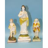 Three 19th century Staffordshire square-based figures decorated in Pratt enamels, 12.5cm and 20cm