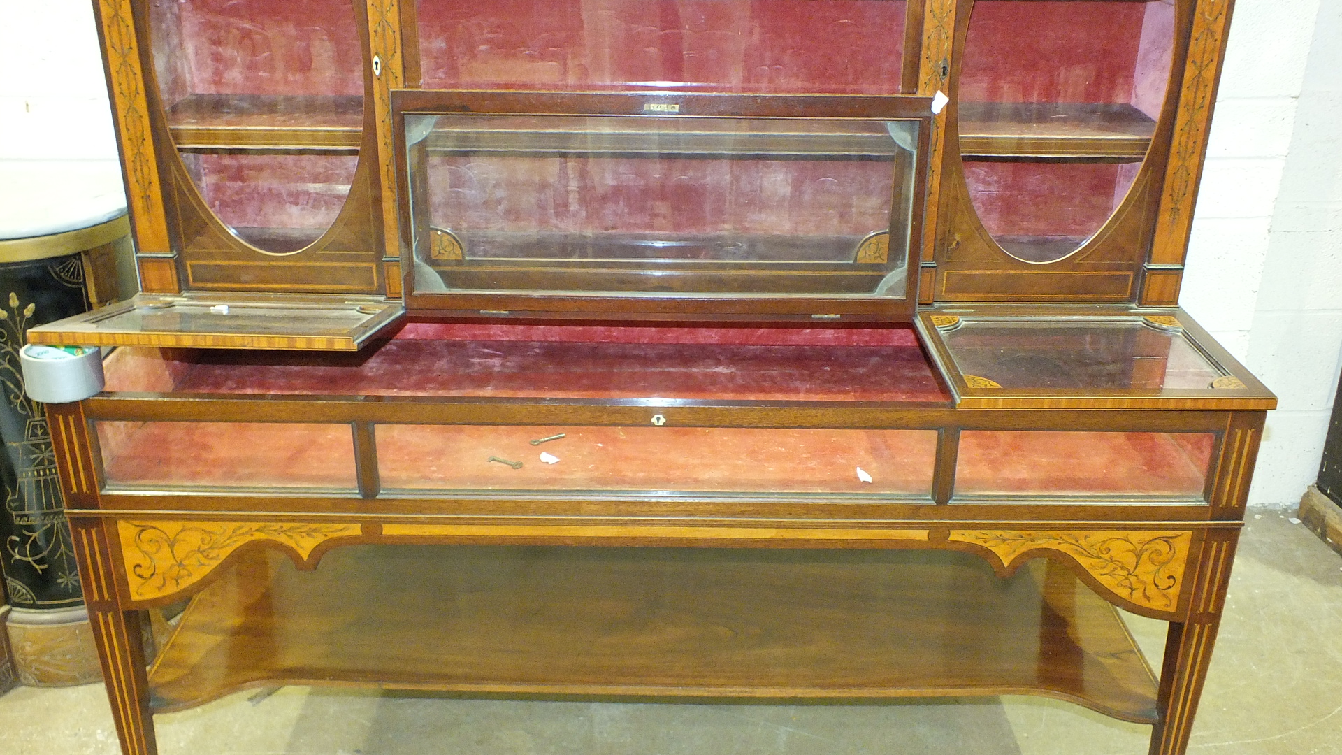 A 19th century mahogany and marquetry spinet case converted as a display cabinet, the fret work - Image 2 of 16