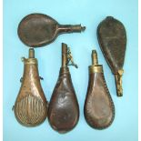 Three 19th century leather shot and powder flasks and two brass powder flasks, (5).