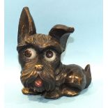 A J Oswald Black Forest carved wood Scottie dog clock, 15cm high, (clock movement not working).