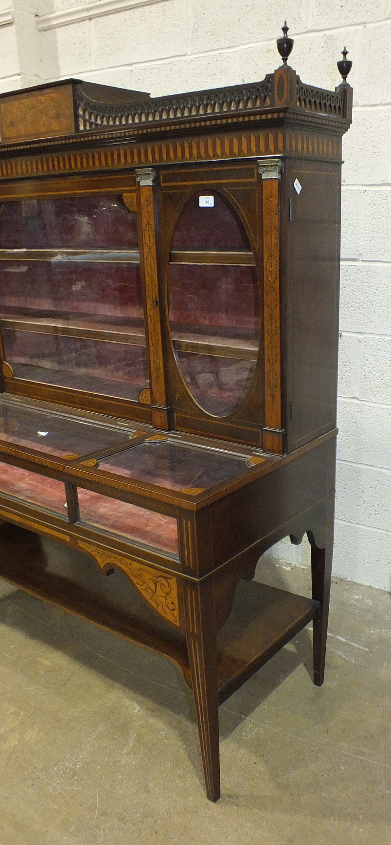 A 19th century mahogany and marquetry spinet case converted as a display cabinet, the fret work - Image 16 of 16