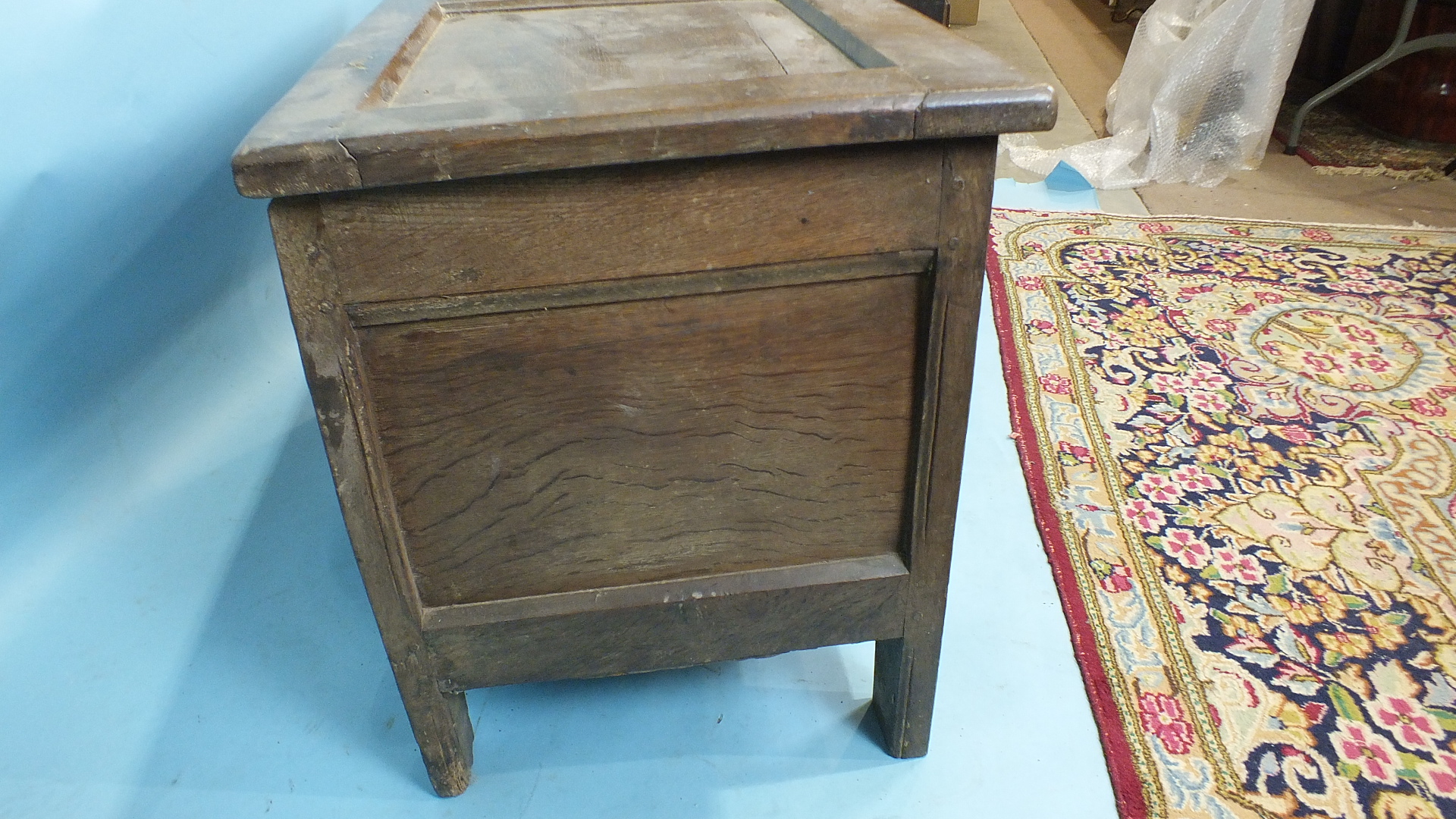 A 17th/18th century small coffer, the two-panel lid above a carved frieze and panel body, the stiles - Image 2 of 5