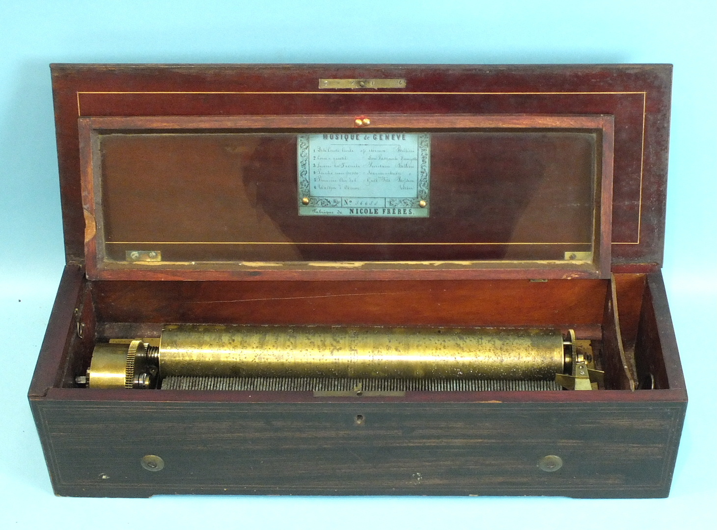 A Nicole Freres cylinder music box playing six airs, No.36688, Gamme No.1122, the single 35cm