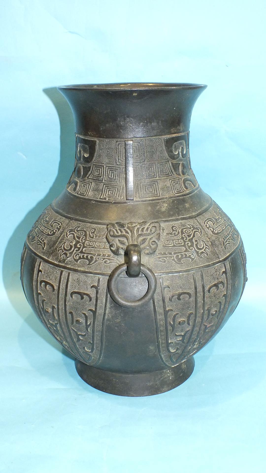 A large 19th century archaic-style Chinese bronze vase with applied ring handles and stylised animal - Image 3 of 7