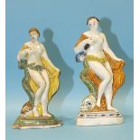 Two 19th century pearlware figures of sea nymphs with dolphins, decorated in Pratt coloured enamels,
