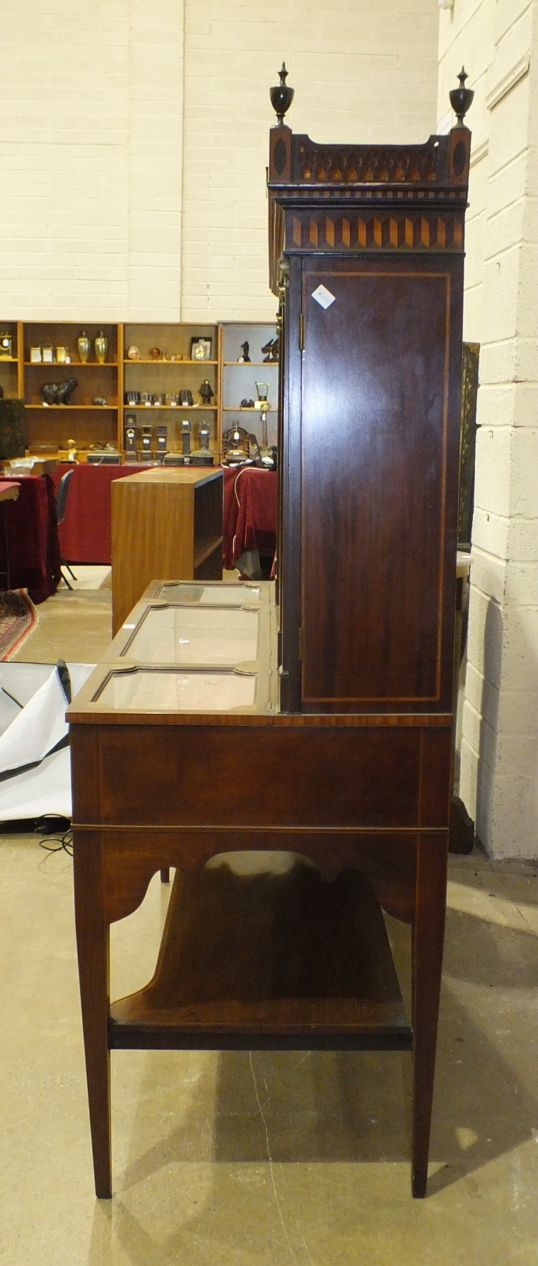 A 19th century mahogany and marquetry spinet case converted as a display cabinet, the fret work - Image 15 of 16