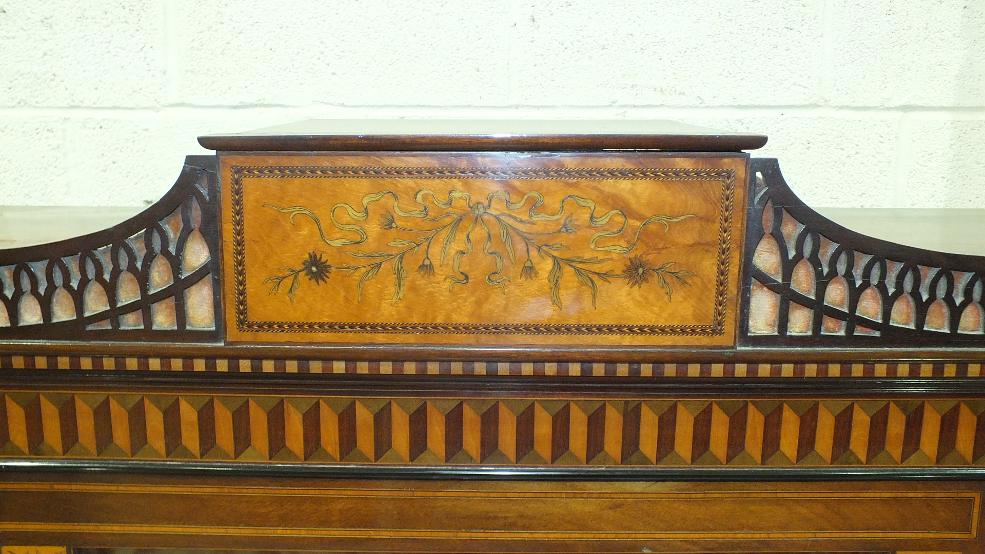 A 19th century mahogany and marquetry spinet case converted as a display cabinet, the fret work - Image 9 of 16