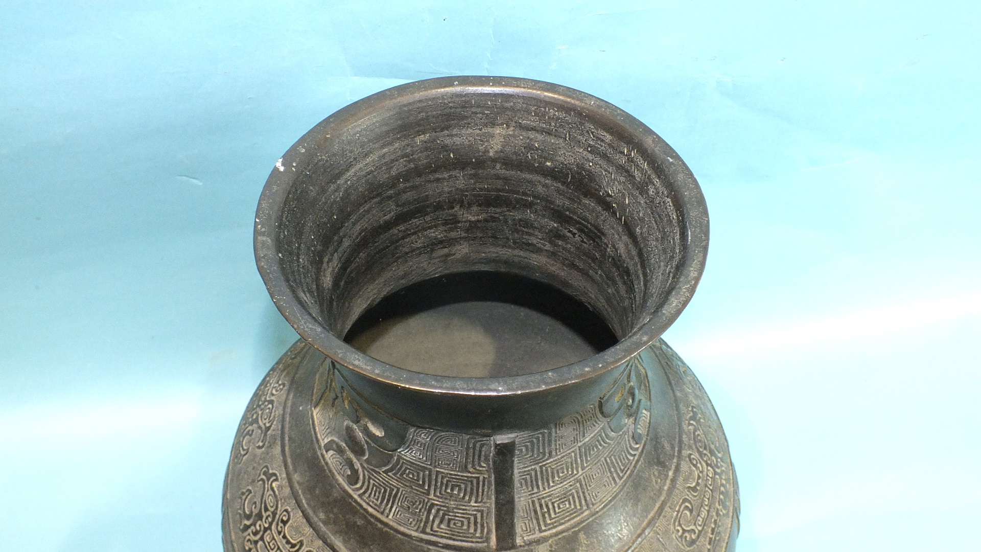 A large 19th century archaic-style Chinese bronze vase with applied ring handles and stylised animal - Image 6 of 7