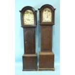 A Victorian stained pine cottage long case clock, the 12" painted dial with rural scene in the arch,