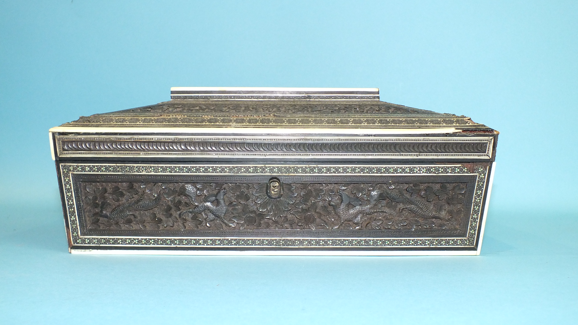 An Indian sarcophagus shaped Visagapatam work box, with hinged lid fitted with internal mirror and - Image 3 of 7