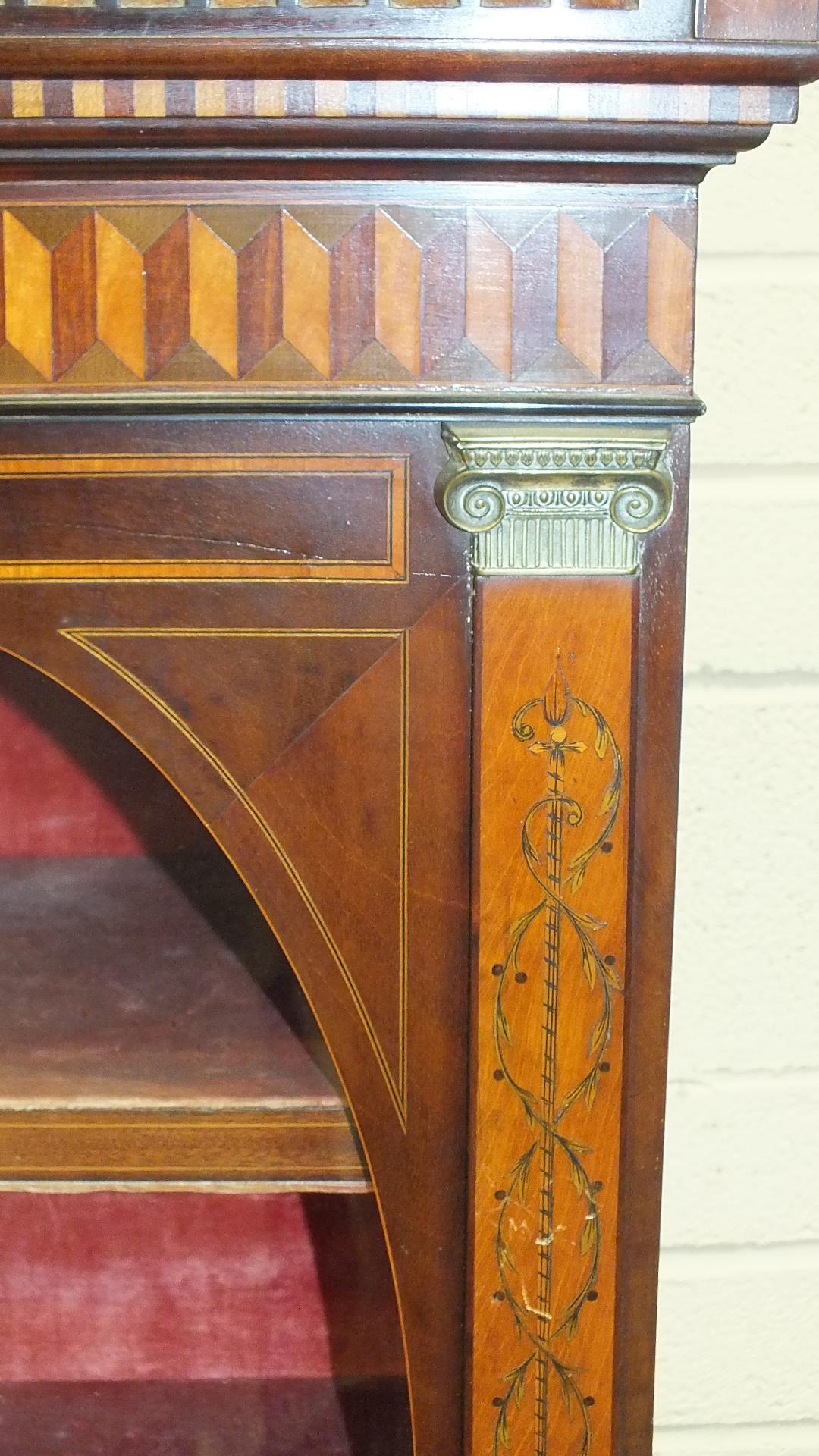 A 19th century mahogany and marquetry spinet case converted as a display cabinet, the fret work - Image 8 of 16