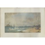 F Norrie (19th century) FIGURES ON A BEACH, ATTENDING A WRECK Signed watercolour, 38 x 65cm and a