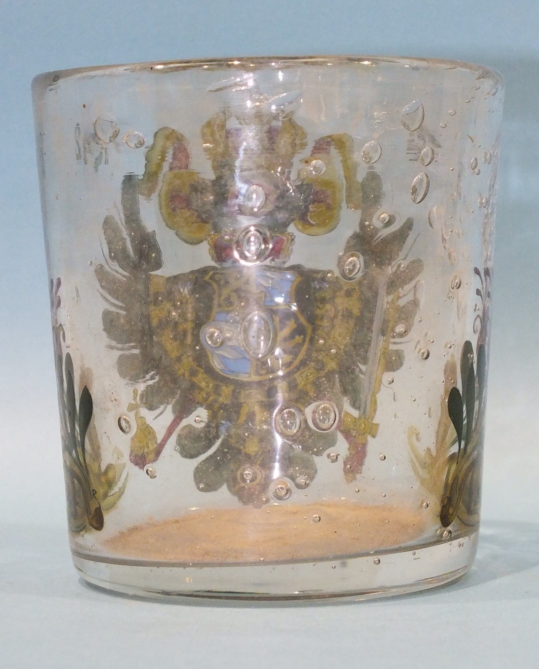 A 19th century German enamelled glass beaker commemorating the Treaty of Berlin, dated 1742, (chip - Image 2 of 2