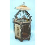 A Victorian hexagonal metal framed lantern with etched glass panels and circular glass smut cover,