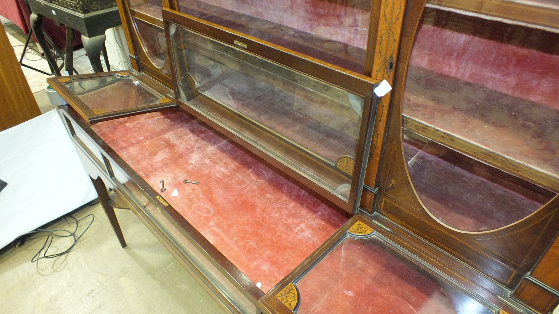 A 19th century mahogany and marquetry spinet case converted as a display cabinet, the fret work - Image 4 of 16