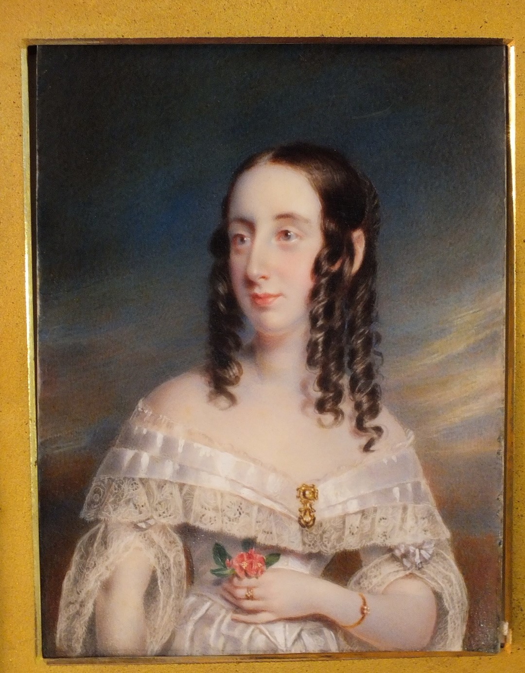 19th Century English School PORTRAIT OF A YOUNG WOMAN, HER HAIR IN RINGLETS, WEARING A LACE- - Image 2 of 2