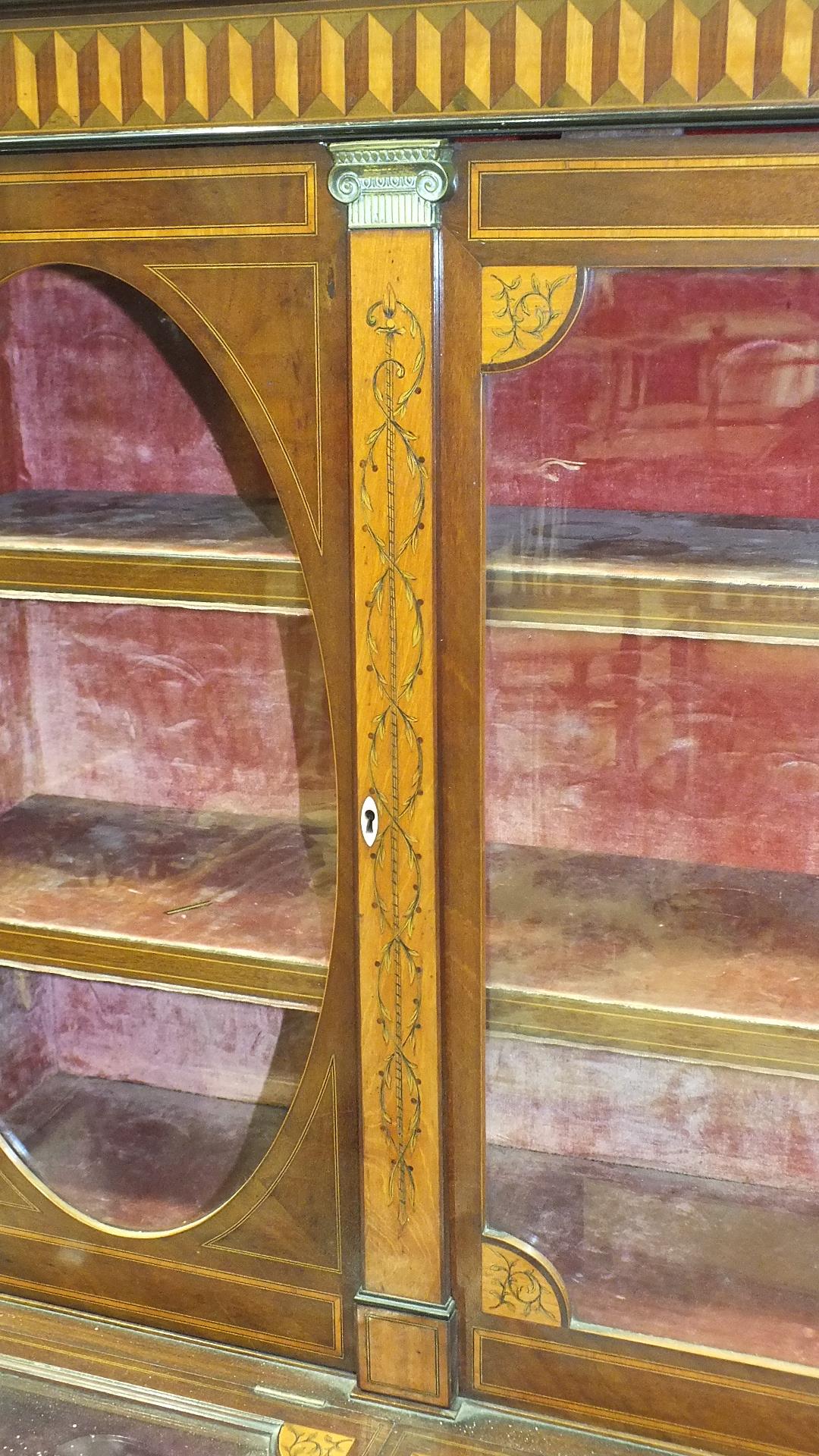 A 19th century mahogany and marquetry spinet case converted as a display cabinet, the fret work - Image 11 of 16