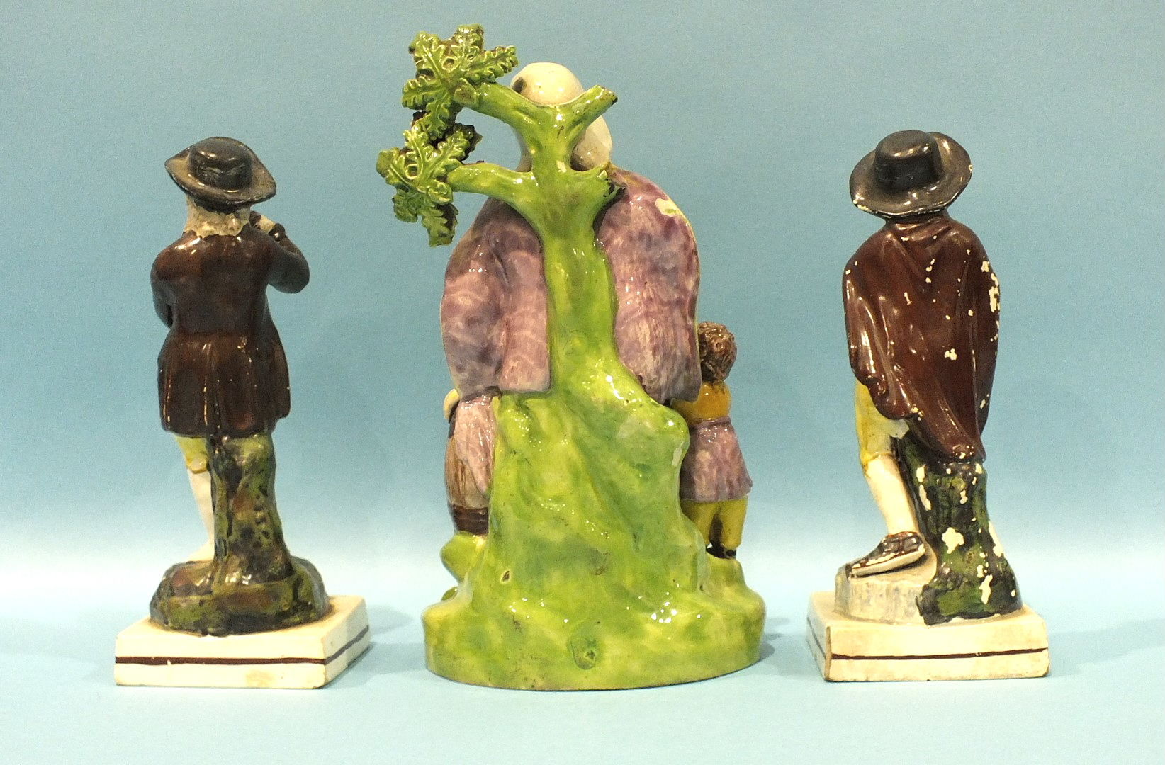 A 19th century Staffordshire bocage figure of a widow, 23cm high and two pearlware figures of Summer - Image 2 of 3