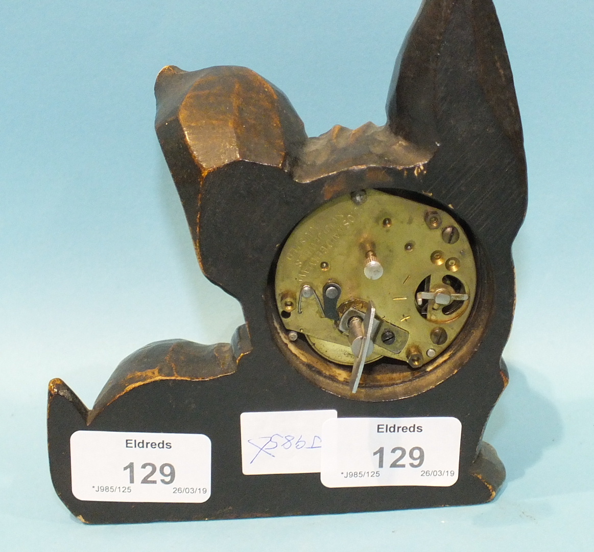 A J Oswald Black Forest carved wood Scottie dog clock, 15cm high, (clock movement not working). - Image 2 of 2