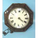 A 19th century octagonal and brass inlaid wall clock, the convex painted dial with chain-driven