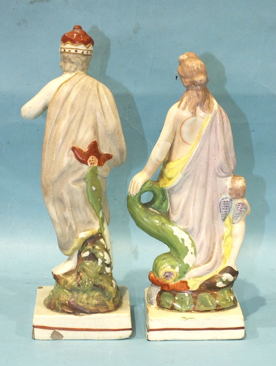 A pair of 19th century Staffordshire pearlware square-based figures of Neptune, 24cm high and - Image 2 of 3