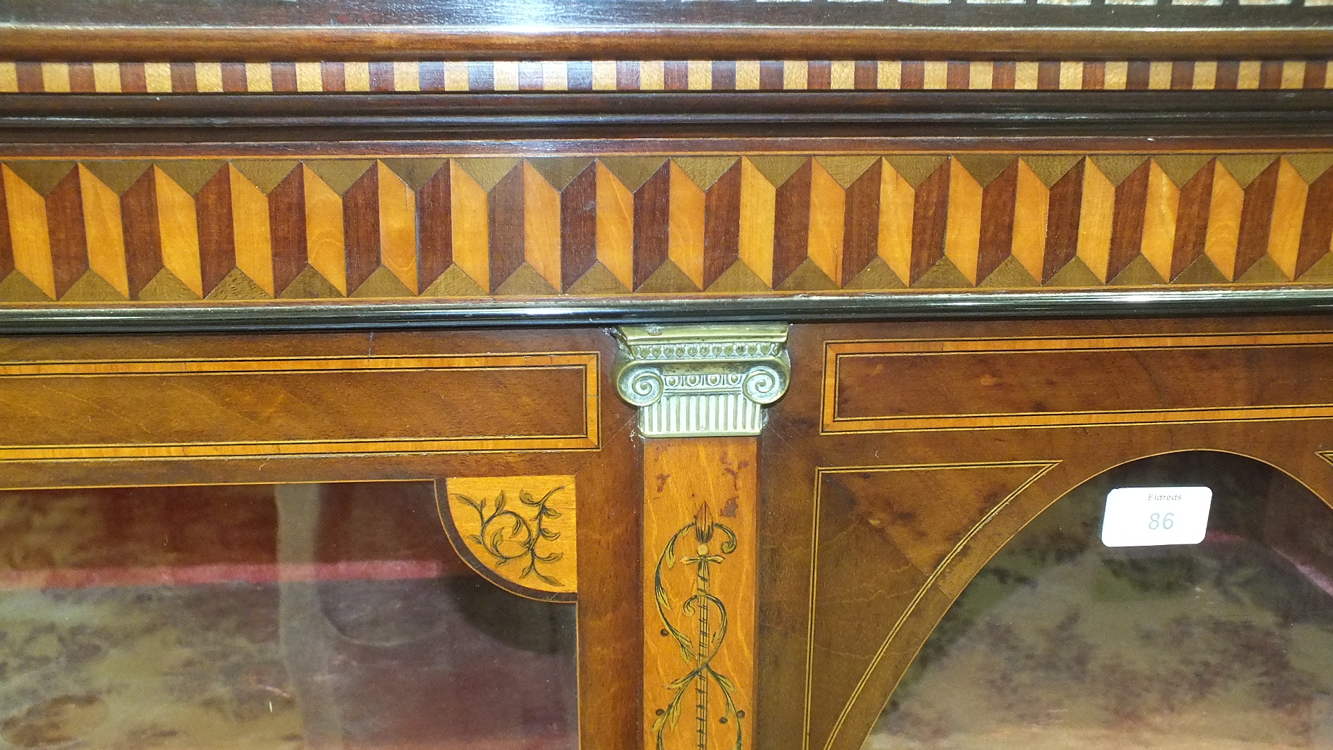 A 19th century mahogany and marquetry spinet case converted as a display cabinet, the fret work - Image 10 of 16