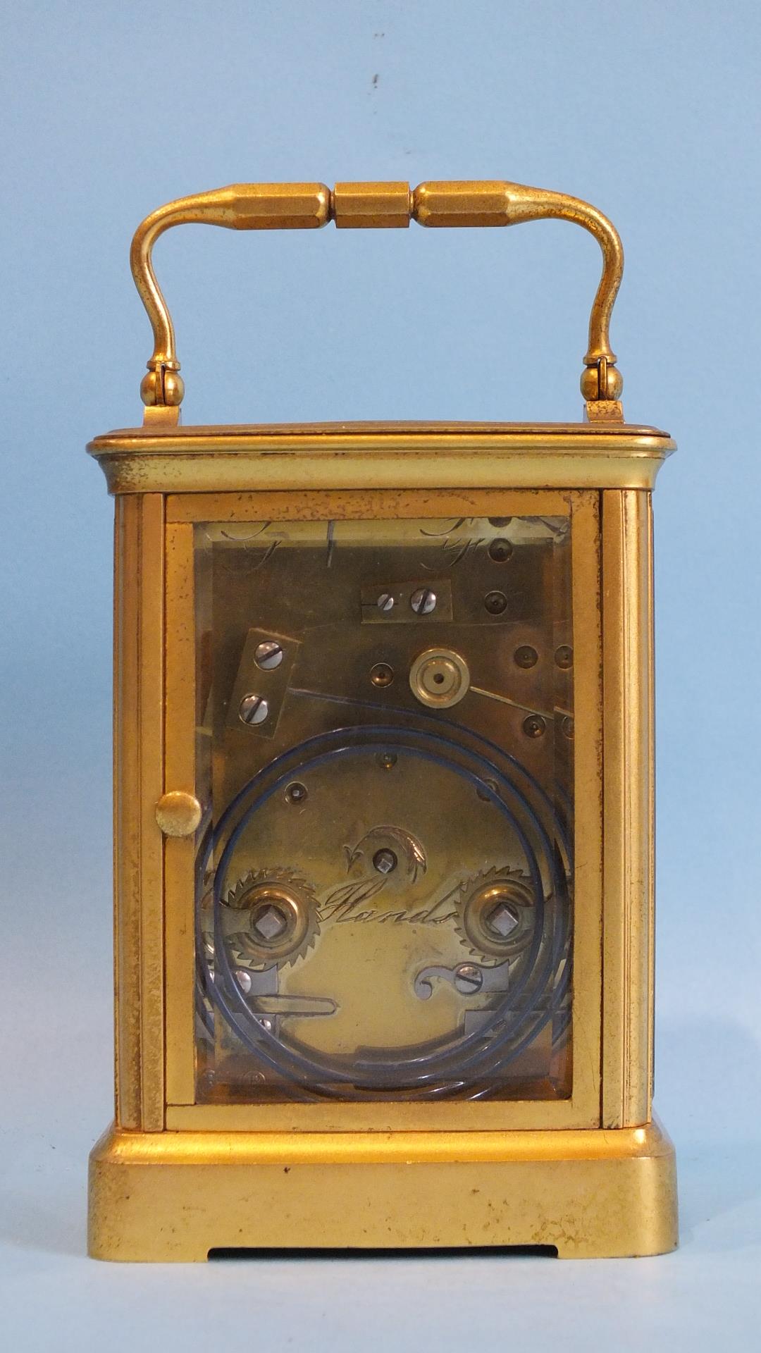 A 19th century gilt brass carriage clock, the white enamel dial signed Hry Marc, Paris, with typical - Image 3 of 5