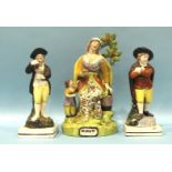 A 19th century Staffordshire bocage figure of a widow, 23cm high and two pearlware figures of Summer