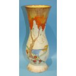 A Clarice Cliff ribbed vase, shape no. 719, decorated with the 'Taormina' pattern, (orange), printed