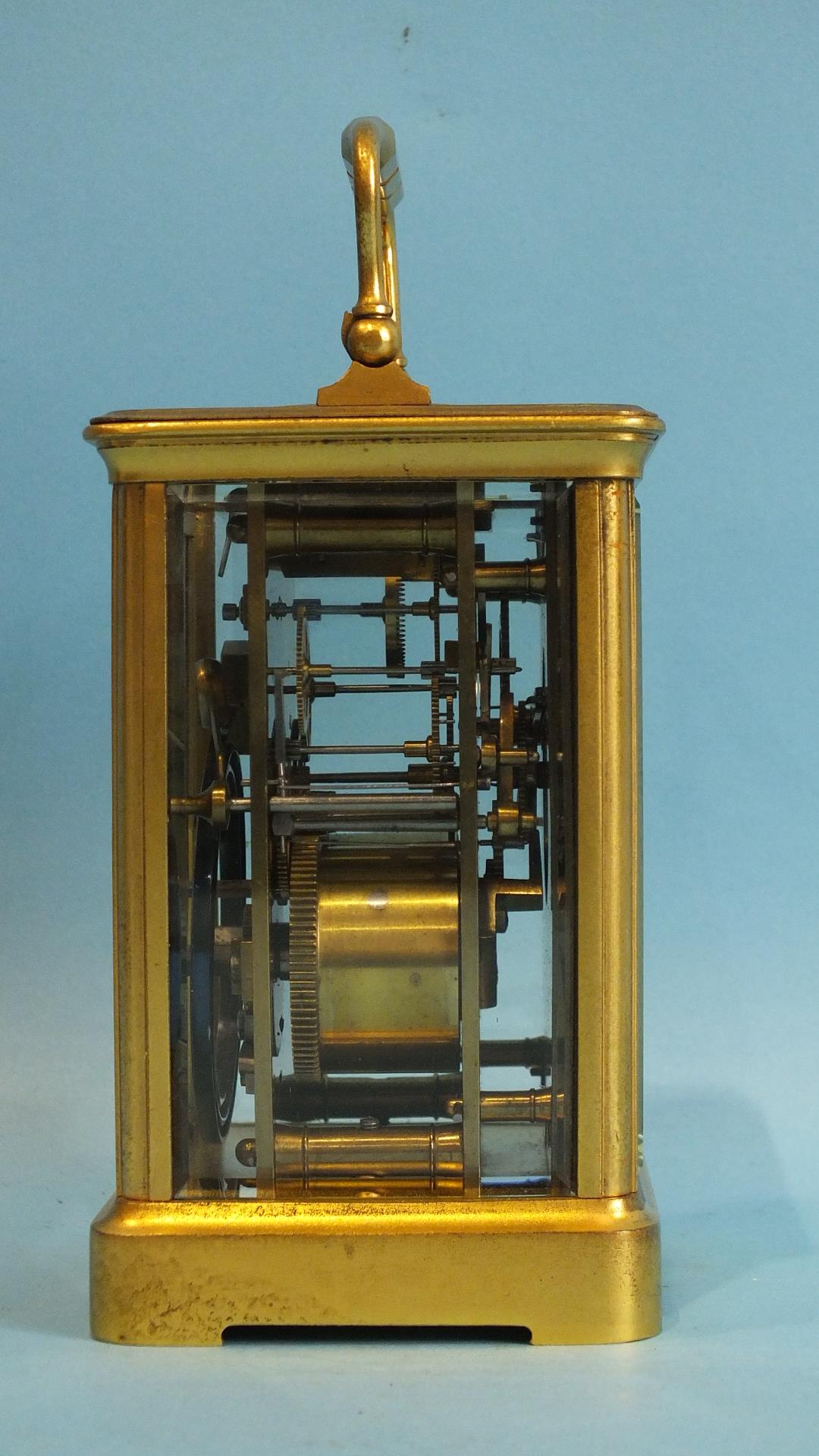 A 19th century gilt brass carriage clock, the white enamel dial signed Hry Marc, Paris, with typical - Image 4 of 5
