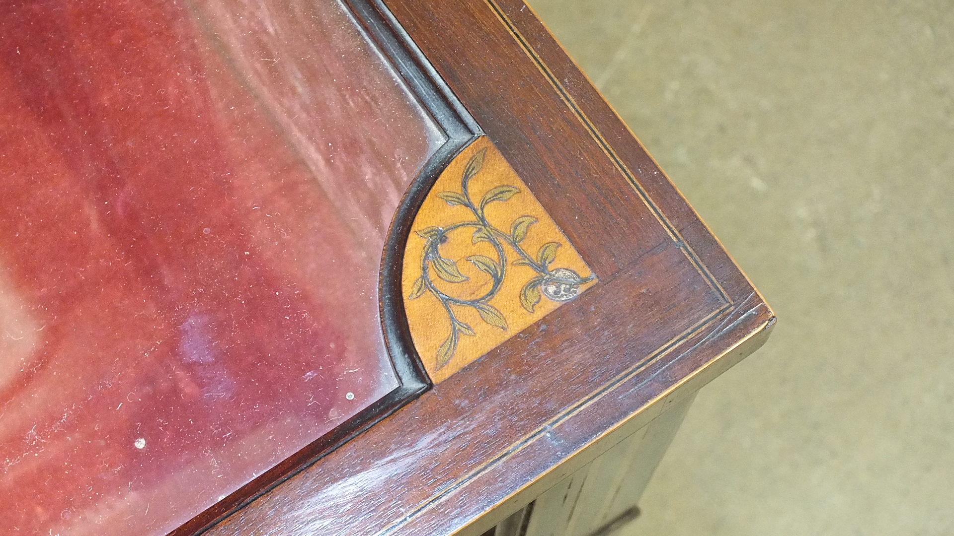 A 19th century mahogany and marquetry spinet case converted as a display cabinet, the fret work - Image 7 of 16
