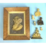 A gilt cast brass bust plaque, possibly Charles Dickens, in rectangular maple frame, 40 x 32cm.