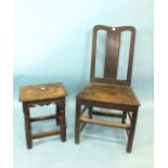 An antique oak joint stool, the rectangular top with shaped frieze, on turned legs, 46cm high,