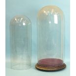 Two circular glass domes, 49cm (with base), 44cm high, (no base), (2).